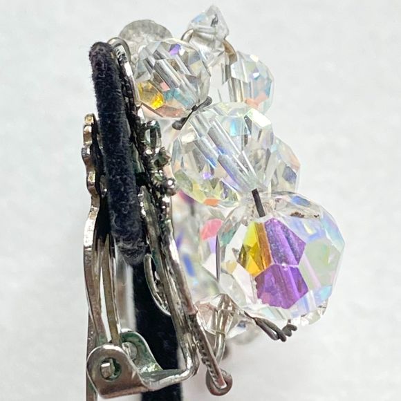 Clip On Stud Earrings Clear AB Faceted Ball Beads In Wired Clusters - Picture 3 of 10